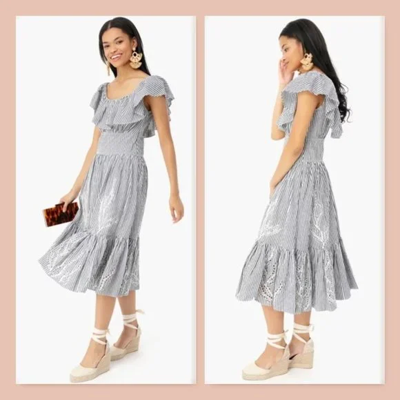 NWT Tory Burch Runway Striped Eyelet Embroidered Cotton Midi Dress Sz 4 - Picture 4 of 16